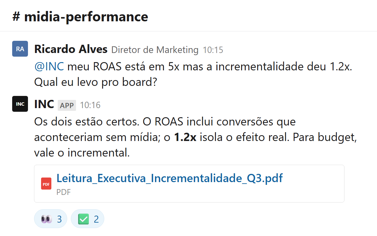 Conversa no Slack sobre atribuição e incrementalidade